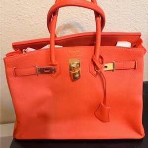 Elegant Orange Leather Handbag Birkin inspired size 35